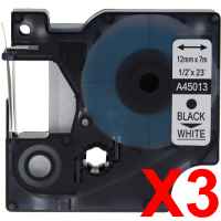 3 x Compatible Dymo D1 Label Tape 12mm Black on White 45013 - 7 metres