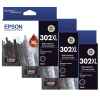 3 x Genuine Epson 302XL Black Ink Cartridge High Yield